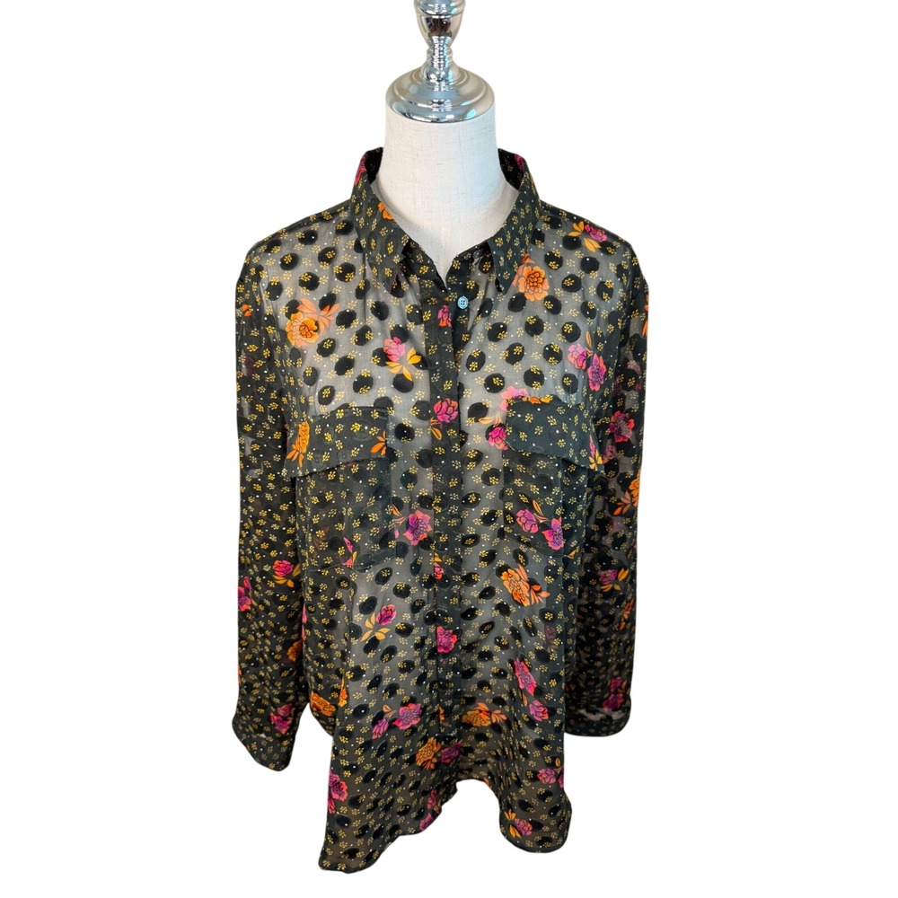 LOFT Floral Polka Dot XL Black Semi Sheer Button Down Long Sleeve Whimsigoth Top